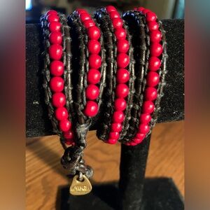 Handcrafted multi wrap beaded boho bracelet. 30” Black and Berry Red. 3/8” wide